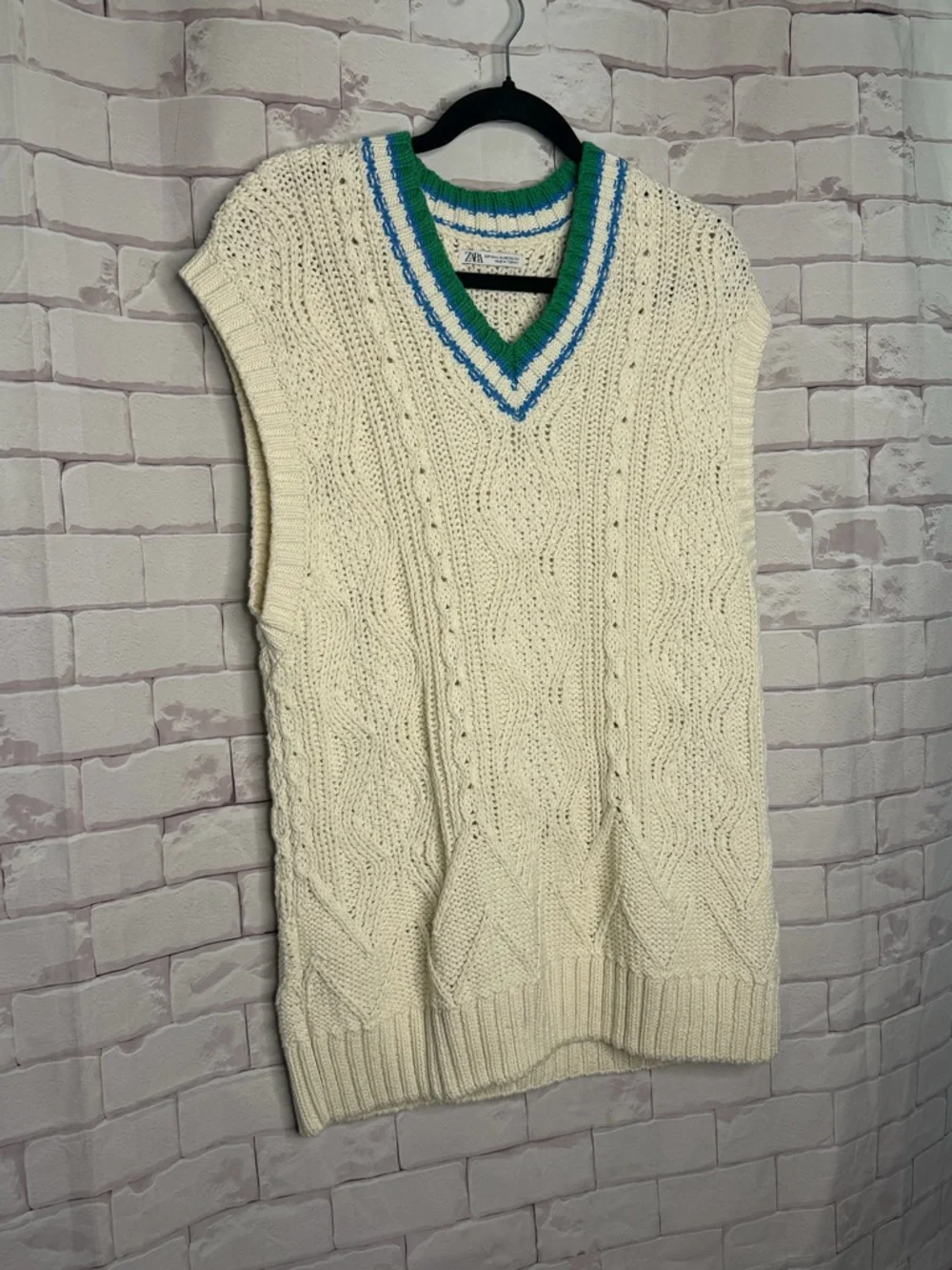 Zara Cream Cable Knit Sweater Vest V-Neck Preppy Varsity Chunky Knit Cottagecore